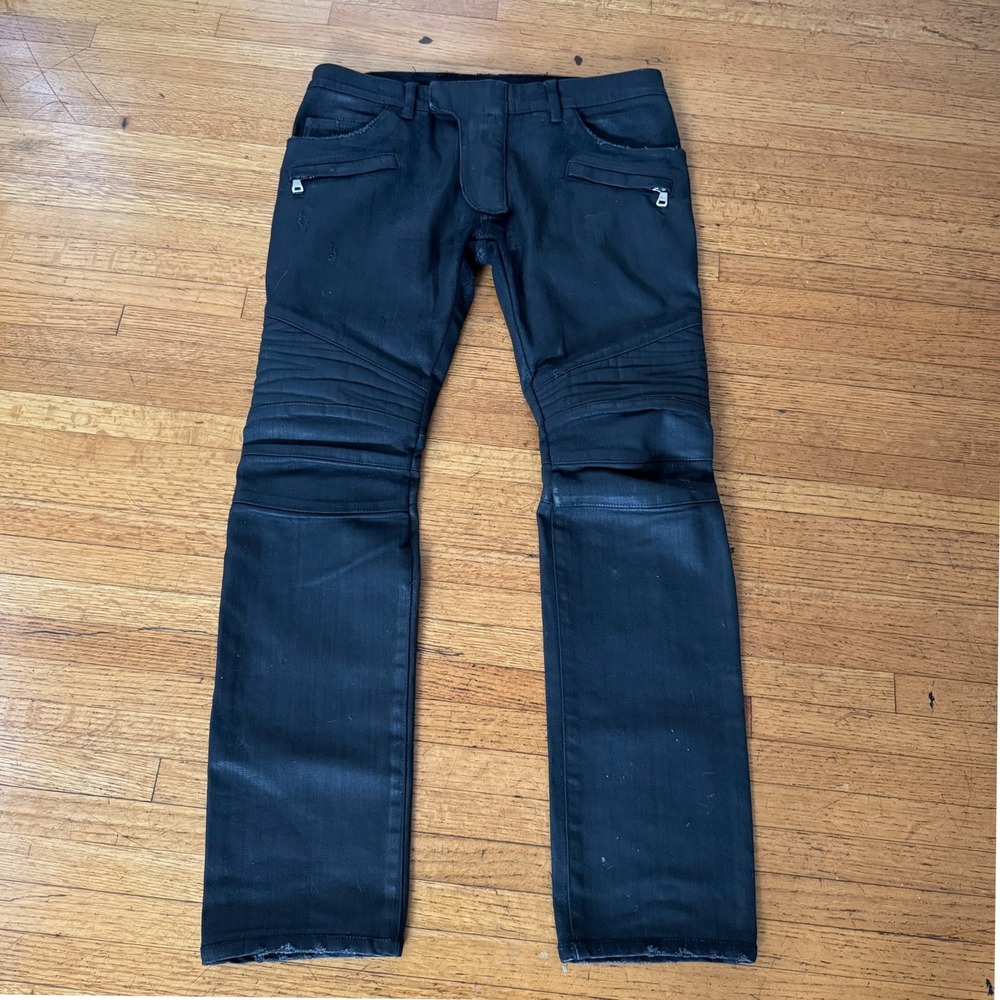 Balmain Biker Jeans Mens 32 Black Excellent Waxed Oliver Ribbed Moto Denim